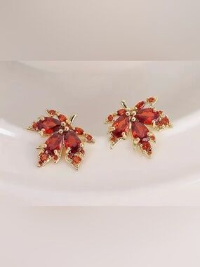 Gold Leaf Brown/Red Crystal Stud Earrings